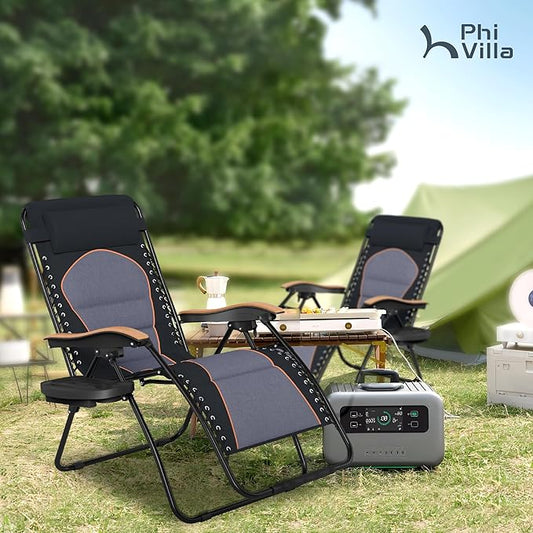 PHI VILLA XXL Oversized Padded Zero Gravity Chair Set of 2, Foldable Patio Recliner, 30" Wide Seat Anti Gravity Lounger with Armrest and Cup Holder, Support 400 LBS (Black & Orange Accents)