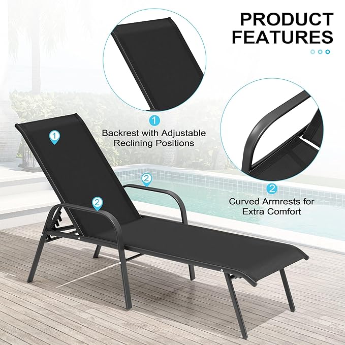 Crestlive Outdoor Chaise Lounge Chair,5-Position Pool Lounge Chairs with Armrests Sunbathing Recliner for Patio,Beach,Deck,Yard (4PC Black)