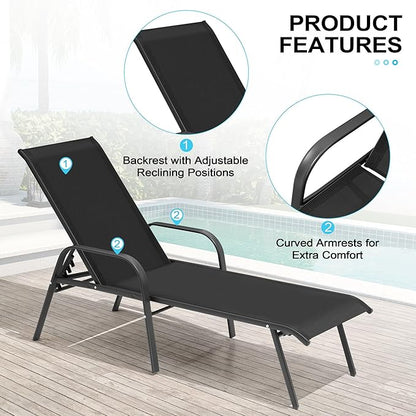 Crestlive Outdoor Chaise Lounge Chair,5-Position Pool Lounge Chairs with Armrests Sunbathing Recliner for Patio,Beach,Deck,Yard (4PC Black)