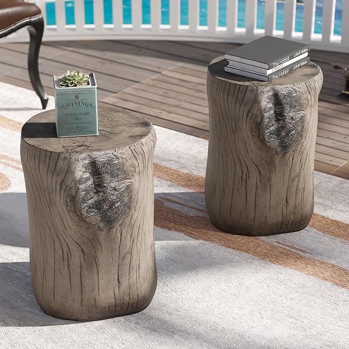SUNBURY Outdoor Side Table Set of 2, Tree Stump Side Table Grey Colored Faux Wood, End Table Wood Stump Stool - Photo 7