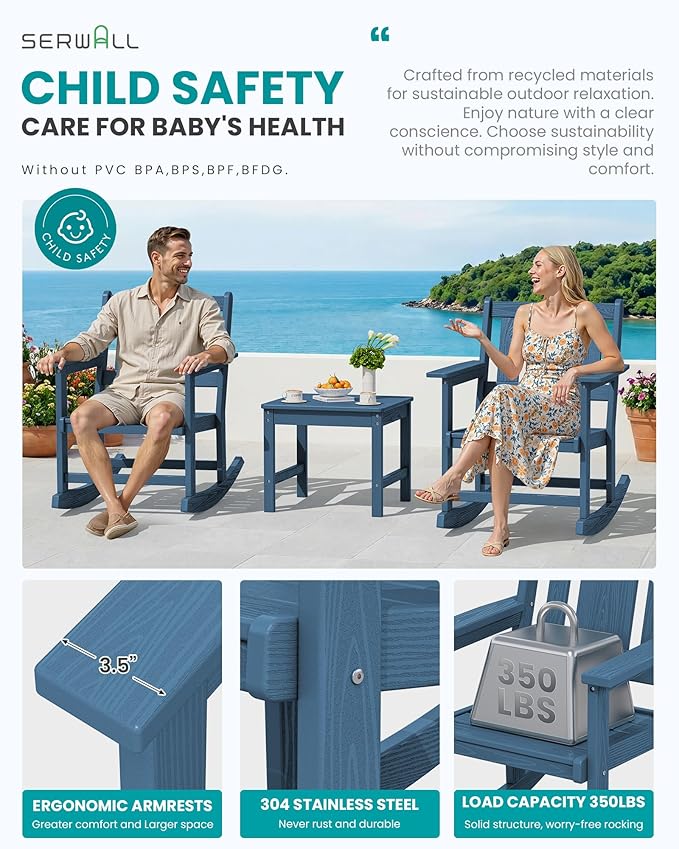 SERWALL Outdoor Rocking Chairs Set of 2 with Side Table, All-Weather HDPE 3 Piece Patio Furniture Set - Photo 4