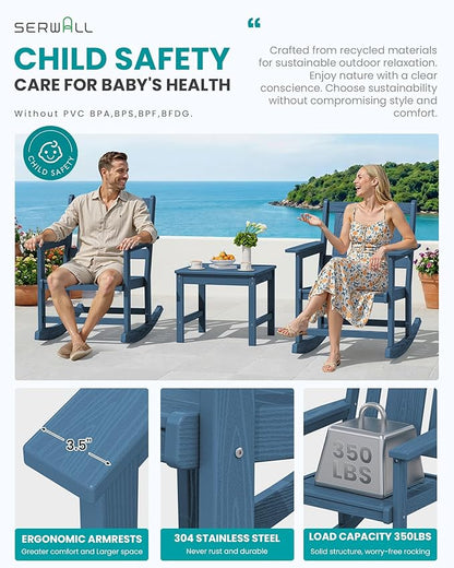 SERWALL Outdoor Rocking Chairs Set of 2 with Side Table, All-Weather HDPE 3 Piece Patio Furniture Set, Outdoor Bistro Set with Umbrella Hole for Porch Deck Lawn Balcony, Navy