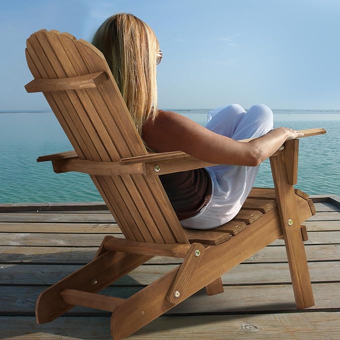 Folding Adirondack Chair Set of 2 Outdoor Wood Patio Chairs with Pre-Assembled Backrest Solid Hemlock Wood Front Porch Chairs for Garden Deck Poolside Fire Pit Light Brown