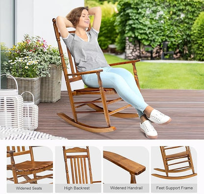Bonnlo Wood Rocking Chair Outdoor with 450 lbs Support Relaxing Rocker Solid Wood High Back Seat Reclining Seat for Deck, Garden, Backyard, Porch, Indoor or Outdoor Use, Teak