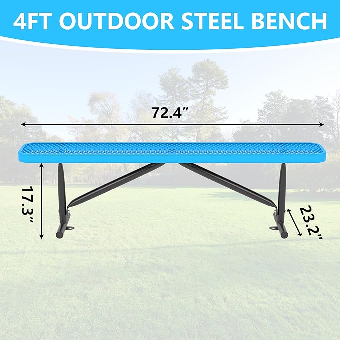 6FT Outdoor Park Benches for Outside, 72" Backless Heavy-Duty Commercial Blue Garden Bench with Expanded Steel Mesh Seat, Weatherproof Park Patio Dining Table Bench for Backyard Lawn School Porch Deck