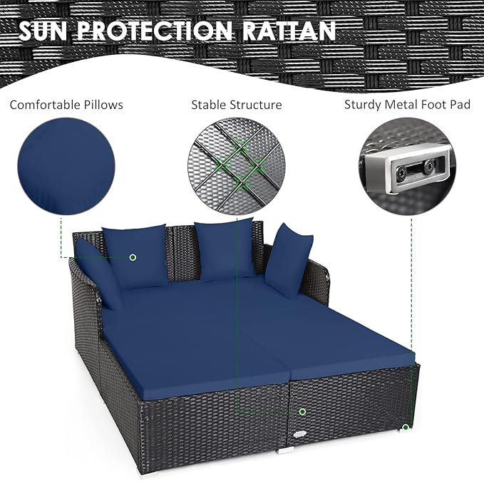 Tangkula Outdoor Rattan Daybed, Sunbed Wicker Furniture w/Spacious Seat, Upholstered Cushion & High-Resilience Sponge - Photo 6