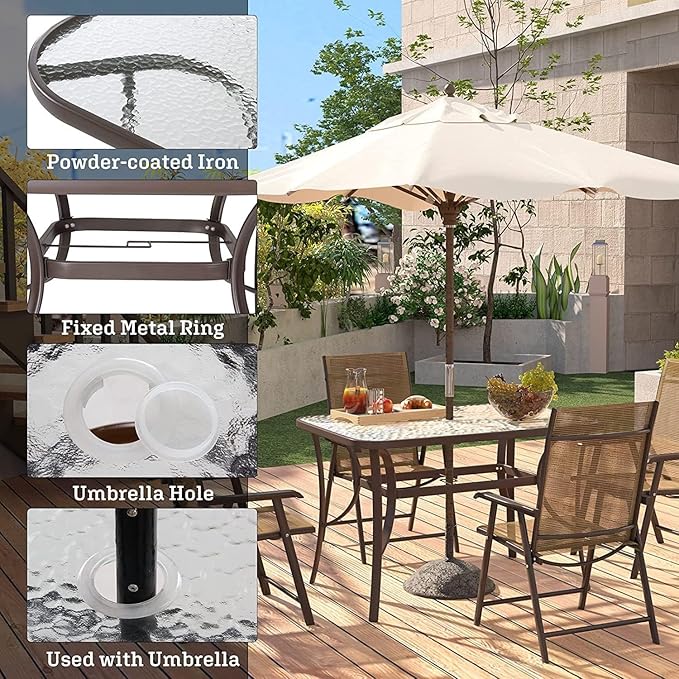 SDHYL 47-Inch Outdoor Dining Table with Tempered Glass Top – Patio Table with Umbrella Hole, Heavy Duty Steel Frame, Weather-Resistant Brown Finish for Garden, Poolside & Backyard