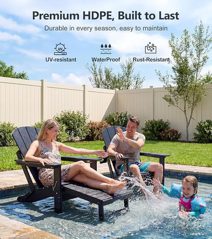 PASAMIC Folding Adirondack Chairs Set of 2 with Retractable Ottoman, 5-Position Adjustable Backrest, HDPE All-Weather Fire Pit Chairs with 2 Hidden Cup Holders, Wood-Look Outdoor Chairs (Black)