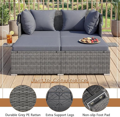 RELAX4LIFE Patio Outdoor Daybed with Canopy, Wicker Rattan Sunbed w/Cushions, 4 Pillows & 2 Retractable Side Trays, 2-Person Lounge Bed Conversation for Poolside Porch Garden (Gray-Grey)