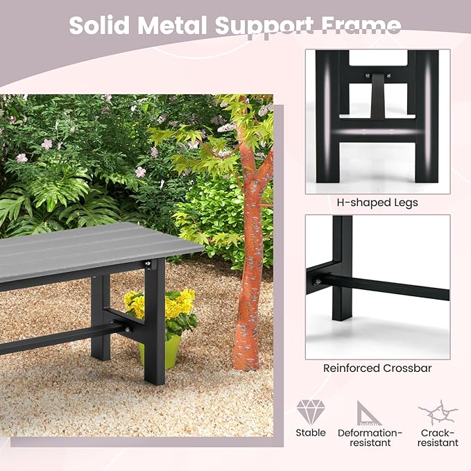 Tangkula 47 Inch HDPE Outdoor Bench Backless, Patio Garden Dining Bench with Slatted Seat & Heavy-Duty Metal Frame, 660 LBS Capacity, Weatherproof Outside Bench for Park, Yard, Entryway & Porch, Grey