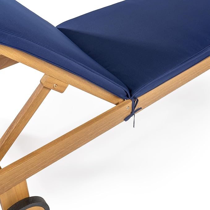 JONATHAN Y LNG1000B Mallorca 77.56"x23.62" Modern Classic Adjustable Acacia Wood Chaise Outdoor Lounge Chair with Cushion & Wheels Coastal, Bohemian, Minimalist, Traditional, Navy/Natural