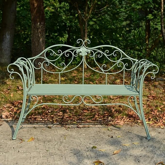 52" Patio Garden Bench, Outdoor Retro Park Benches, Metal Bench Chair 2 Seaters with Backrest and Armrest, for Yard, Porch, Lawn, Backyard, Assembly Max 250kg (Color : Green)