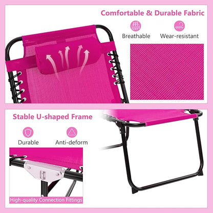 Giantex Patio Lounge Chairs for Outside - Folding Tanning Chair w/Headrest, 4 Adjustable Positions, Side Pocket, Outdoor Chaise Lounge for Camping, Pool, Sunbathing Beach Chair, Pink