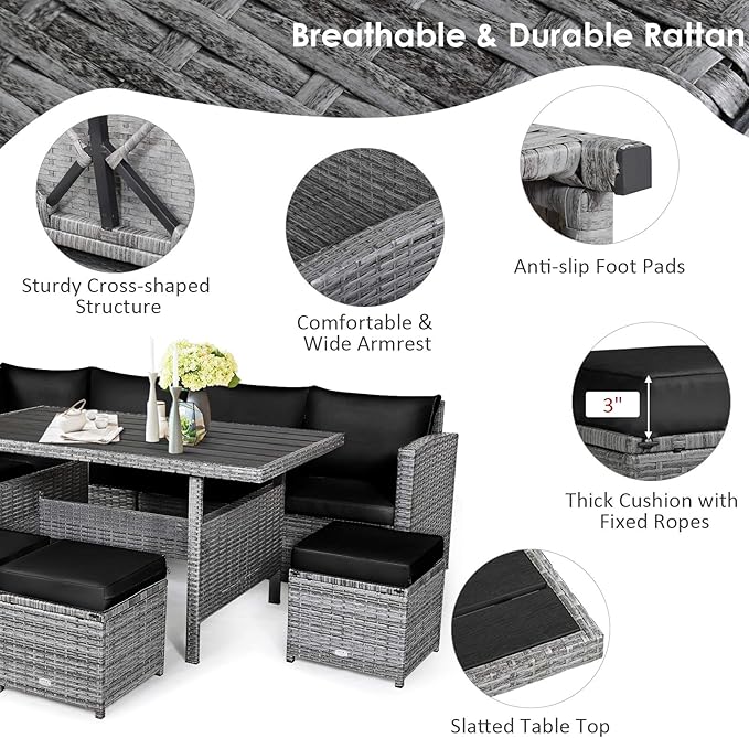COSTWAY 7 PCS Wicker Outdoor Conversation Set, Patio Sectional Furniture Sofa Set with Table & Seat Cushions, Rattan Furniture Sets for Backyard Garden Poolside Porch, Black