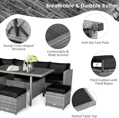 COSTWAY 7 PCS Wicker Outdoor Conversation Set, Patio Sectional Furniture Sofa Set with Table & Seat Cushions, Rattan Furniture Sets for Backyard Garden Poolside Porch, Black