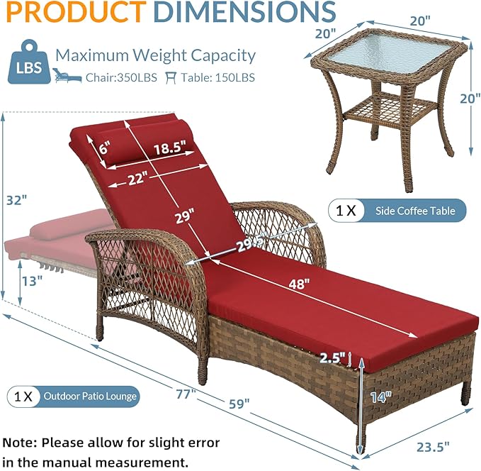 Outdoor Chaise Lounge Chair with Side Table, All Weather PE Rattan Patio Lounge Chair with Cushion - Photo 2