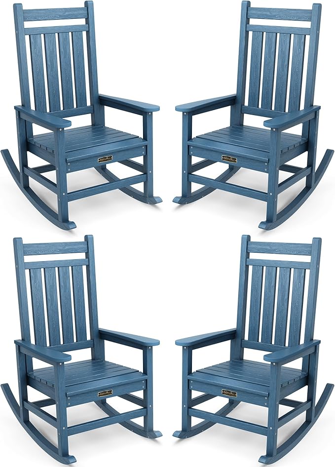 SERWALL Outdoor Rocking Chair Set of 4, Patio Rocking Chairs for Adult, All Weather Resistant Porch Rockers for Lawn Garden, Blue