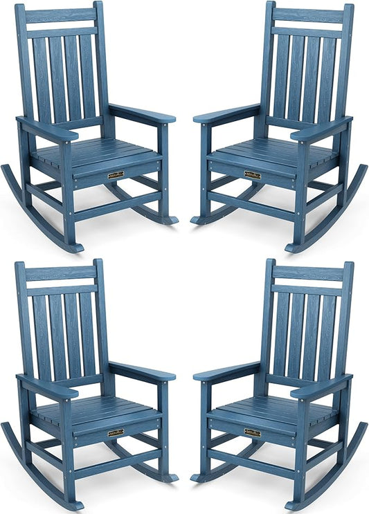 SERWALL Outdoor Rocking Chair Set of 4, Patio Rocking Chairs for Adult, All Weather Resistant Porch Rockers for Lawn Garden, Blue