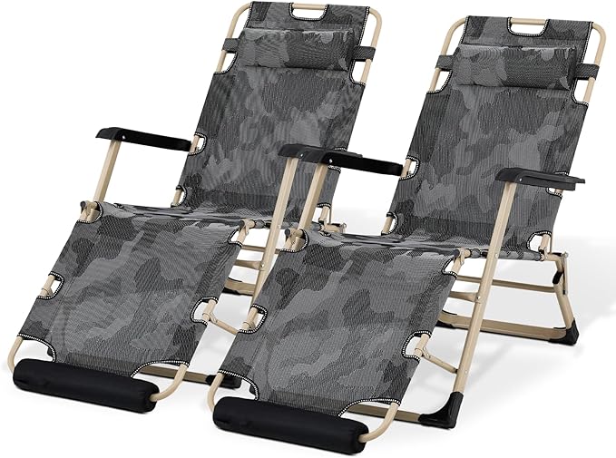 Magshion Folding Patio Chairs Set of 2, Outdoor Lounge Chair with Footrest, Folding Portable Outside Recliner Chair for Backyard, Beach, Camouflage
