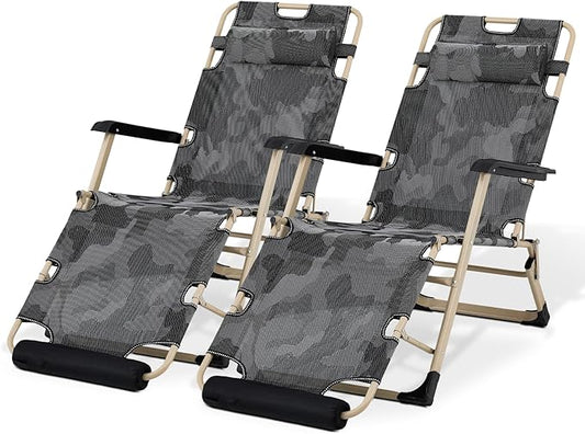 Magshion Folding Patio Chairs Set of 2, Outdoor Lounge Chair with Footrest, Folding Portable Outside Recliner Chair for Backyard, Beach, Camouflage