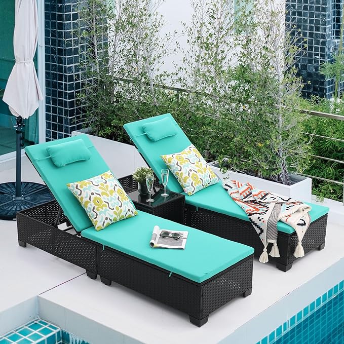 Outdoor Patio PE Wicker Chaise Lounge Chairs Set of 3 Patio Black Rattan Reclining Chair Adjustable Backrest Pool - Photo 1