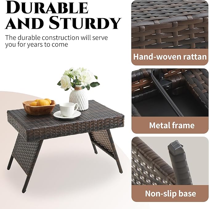 Outdoor PE Wicker Coffee Table, Rattan Patio Table for Conversation Set, Outdoor Table for Poolside, Garden, Backyard, Brown