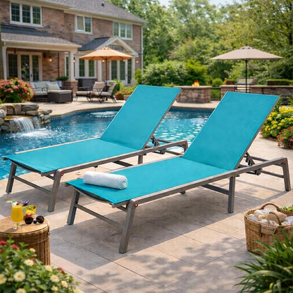 Kozyard 2-Pack Outdoor Lounge Chairs, Foldable Aluminum Frame Patio Chaise Lounge with 5-Position Adjustable Backrest, No Assembly, Breathable Textilene Fabric for Poolside Beach (Aqua, No Table)