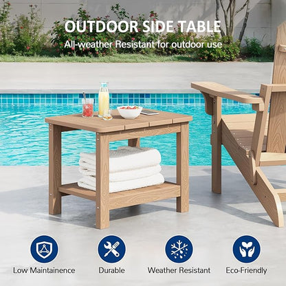 18" Outdoor Side Table, 2-Tier Patio Side Table, Weather Resistant, Easy Assembled, HIPS Adirondack Side Table for Backyard, Pool, Indoor, Teak