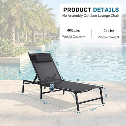 Foldable Outdoor Lounge Chairs Set of 4, No Assembly Chaise Lounge Outdoor with Cup Holder and 6 Adjustable Positions, Patio Lounge Chair with Detachable Pillow for Outside Poolside Beach Pool, Black