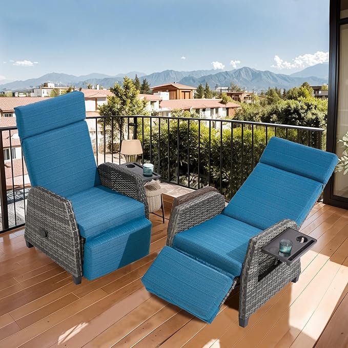 Outdoor Recliner Chair, 180° Reclining Patio Chairs with Adjustable Backrest & Extended Footrest, Rattan Reclining Lounge Chair, Wicker Balcony Recliner, Blue, 2PCS