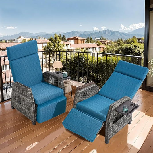 Outdoor Recliner Chair, 180° Reclining Patio Chairs with Adjustable Backrest & Extended Footrest, Rattan Reclining Lounge Chair, Wicker Balcony Recliner, Blue, 2PCS