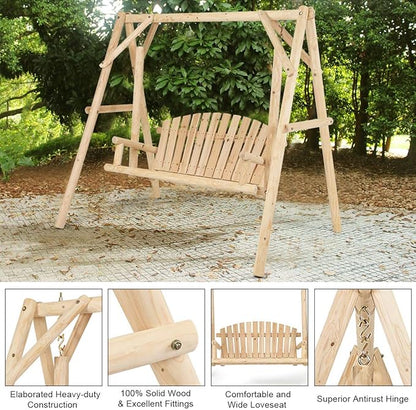 Tangkula A-Frame Wood Log Swing Bench, Outdoor Rustic Curved Back Swing Chair for Patio Garden Yard
