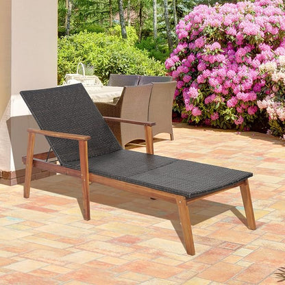 HAPPYGRILL 2PCS Patio Chaise Lounge Chair, Outdoor Rattan Recliner with 4-Level Adjustable Backrest, Solid Acacia Wood Frame, Ergonomic Lounge Chair for Backyard Poolside Balcony