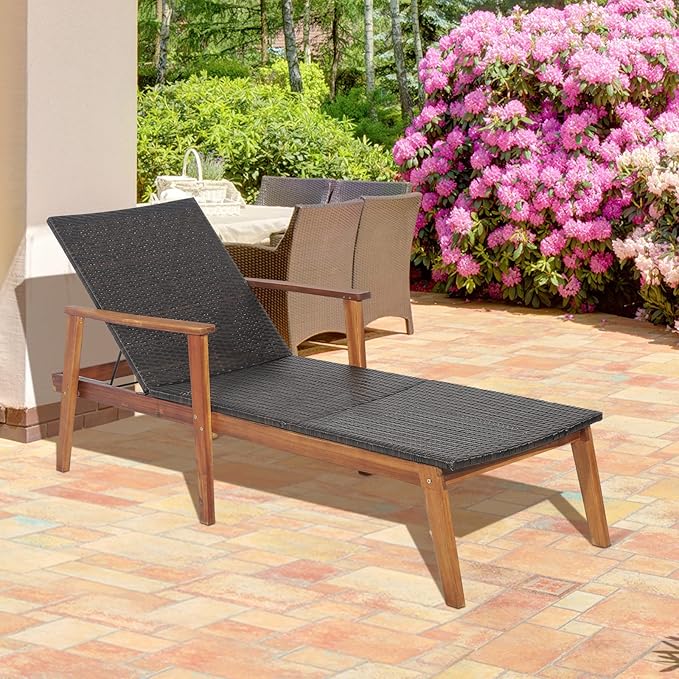HAPPYGRILL Patio Chaise Lounge Chair, Outdoor Rattan Recliner with 4-Level Adjustable Backrest, Solid Acacia Wood Frame, Ergonomic Lounge Chair for Backyard Poolside Balcony