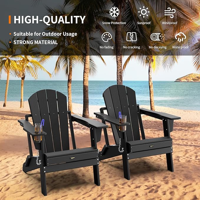 VINGLI Plastic Adirondack Chairs Set of 4, Folding with Cup Holder, Waterproof HDPE Material, Comfortable 380lb Weight Capacity for Outdoor Pool Patio Lounge Chair Lawn Furniture Firepit (Black)