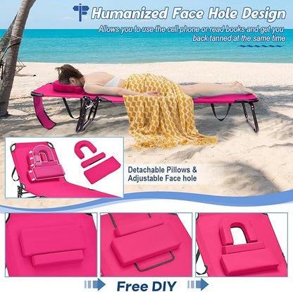 Goplus Tanning Chair, Folding Beach Lounge Chair with Face Hole, Removable Pillow, Carry Strap, Position Adjustable, Sunbathing Chair, Portable Outside Lounge Chair for Patio Pool