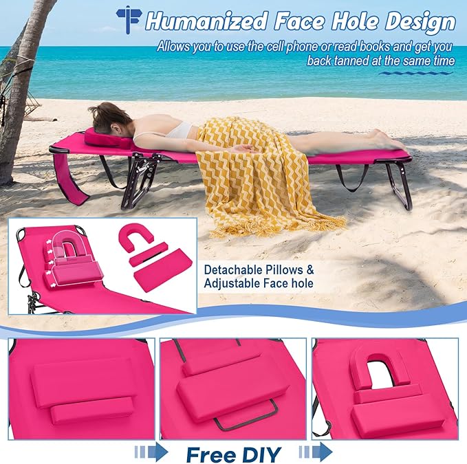 Goplus Tanning Chair, Folding Beach Lounge Chair with Face Hole, Removable Pillow, Carry Strap, Position Adjustable - Photo 6