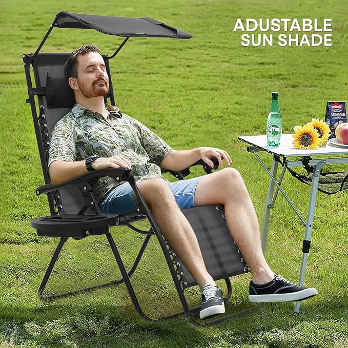 Athena Collection Folding Zero Gravity Chair with Canopy, Adjustable Lounge Chair Recliner, Outdoor Lawn Chair Camping Chairs Beach Chaise Chairs with Headrest & Cup Holder for Patio Pool, Black
