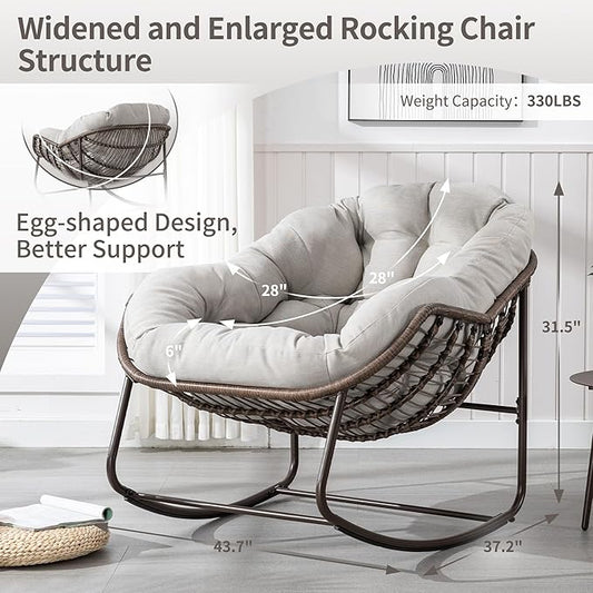 HOMEFUN Outdoor Patio Rocking Chairs Set of 2, Oversized Papasan Rock Chair Indoor with Padded Cushion - Rocker Egg Seat for Front Porch, Garden, Backyard Beige