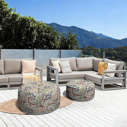 LVTXIII Outdoor Inflatable Ottoman, Fade-Resistant Round Footrest Stool D31”x H14”, Portable Patio Pouf for Garden Camping or Home Use, Paisley Chilli