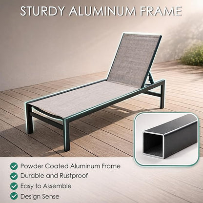 Kozyard 3Pieces Outdoor Chaise Lounge, Aluminum Frame and Textilene Fabric, Adjustable Reclining Patio Lounger for Poolside, Sunbathing & Backyard (Beige, 2Chairs with Table)