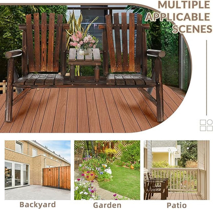 Outdoor 2-Person Wooden Adirondack Bench, Conversation Furniture Set with Patio Rustic Loveseat & Built-in Table, Carbonized Garden Bench Fire Pit Chair for Backyard Porch Pool Deck