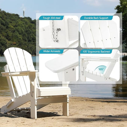 Folding Outdoor Adirondack Chairs Set of 1 with HDPE Side Tables-Plastic Weather Resistant Patio Chairs with Small Outdoor Side Tables 2 Storage for Patio,Fire Pit, Garden and Backyard