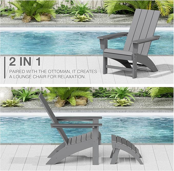 Adirondack Chair with Ottoman Weather Resistant Fire Pit Chairs with Footrest HDPE Outdoor Adirondack Chair for Patio Front Porch Pool Garden Deck Fire Pit Outside, Light Grey