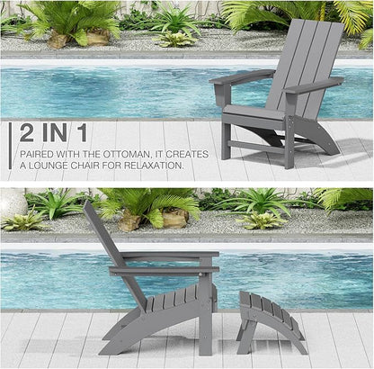 Adirondack Chair with Ottoman Weather Resistant Fire Pit Chairs with Footrest HDPE Outdoor Adirondack Chair for Patio Front Porch Pool Garden Deck Fire Pit Outside, Light Grey