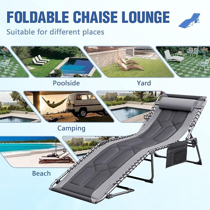 Devoko 4-Fold Padded Portable Folding Outdoor Chaise Lounge Heavy Duty Reclining Chair with Pillow & Side Pocket for - Photo 9