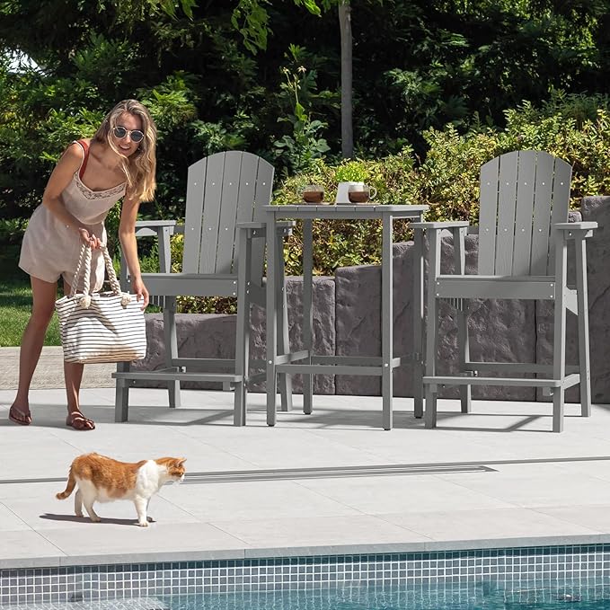 DWVO 25" Tall Adirondack Chair, Poly Bar Height Balcony Chairs, Weather-Durable Outdoor Barstool Lifeguard Chair for Deck Pool Patio and Porch, Gray