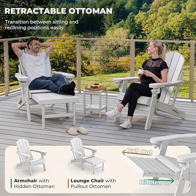 BRIOPAWS Adirondack-Chairs-with-Pull-Out-Footrest | Set of 4 | Folding | HDPE Plastic | Fire Pit Chair | All Weather | Cup Holders | Curved Back | Retractable Ottoman | for Poolside Deck | White