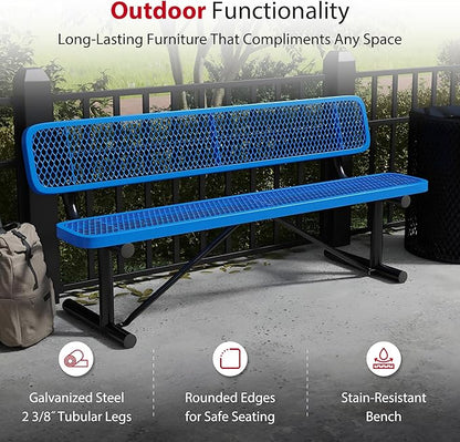Leisure Craft Metal Outdoor Bench with Back - 6 Foot Heavy Duty Bench Seating for Garden, Porch, Picnic, Park, Expanded Metal, Thermoplastic Coating, Commercial Grade Furniture Made in USA - Blue