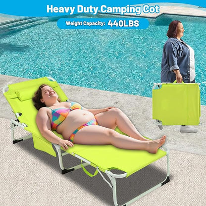 3-in-1 Heavy Duty Tanning Chair with Face Hole Adjustable 5-Position Folding Chaise Lounge Chairs Outside Portable Lay Flat Beach Lounge Chair for Outdoor Sunbathing Patio Pool Lawn (Green)